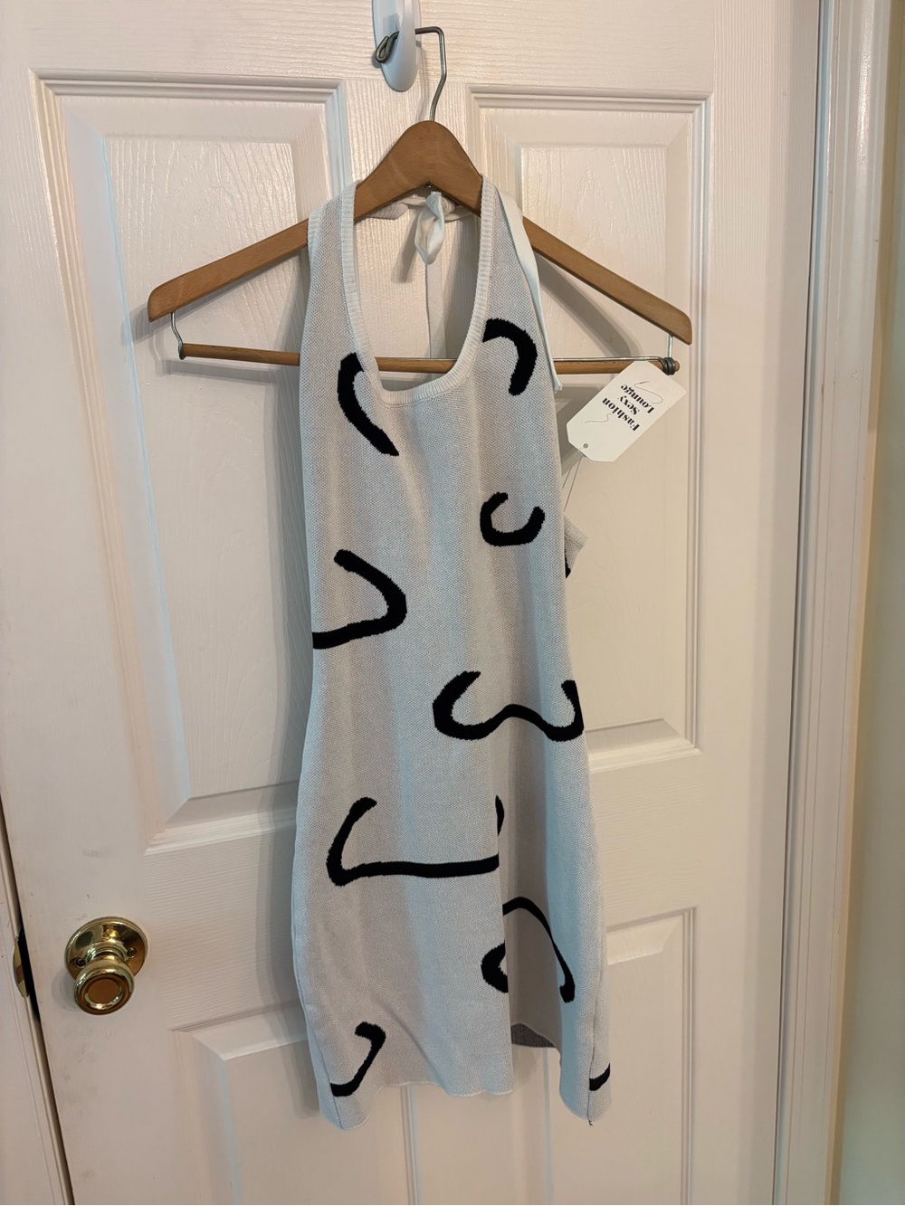 NWT Fashion Sexy Lounge Knit Mini Dress S Halter Abstract Face Graphic White